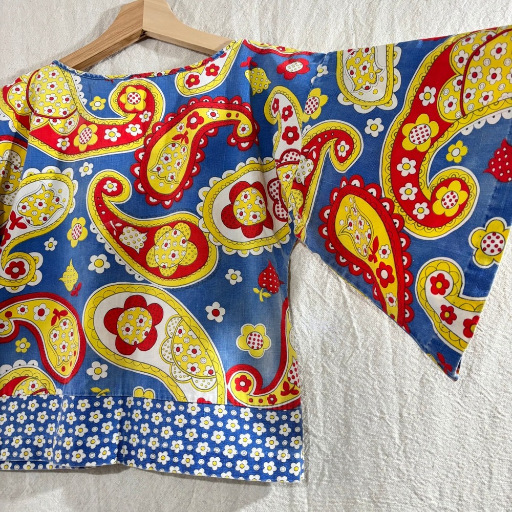 Vintage 60s Handmade Paisley Crop Top Angel Sleeve Mod Blue Red XS Teen 12 14